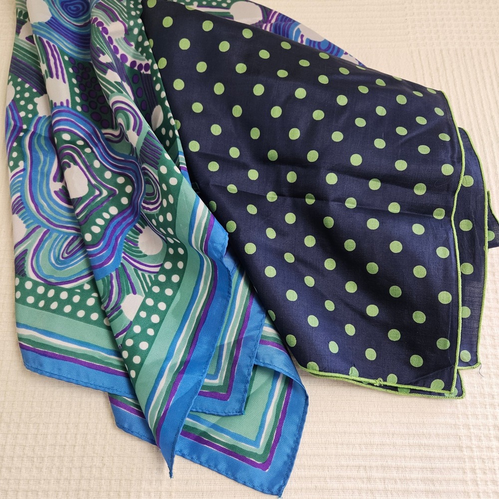 2pc‎ Neck Scarf Bundle Dot & Swirl Print Blue Green Purple Square